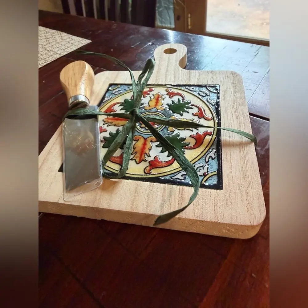 Decorative Wooden Cheese Board with Knife New